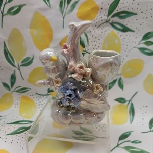 Bird Candlestick Holder Shiney Luster Pastel Colors Flowers